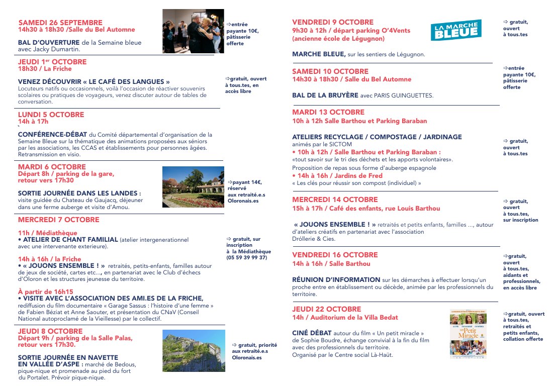 Programme de la Semaine Bleue 2026 à Oloron-Sainte-Marie : dates, lieux et modalités de participation aux animations.